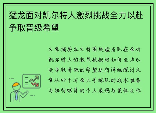 猛龙面对凯尔特人激烈挑战全力以赴争取晋级希望