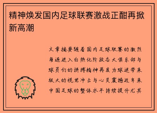 精神焕发国内足球联赛激战正酣再掀新高潮 精神焕发国内足球联赛激战正酣再掀新高潮
