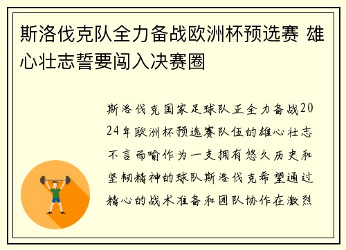 斯洛伐克队全力备战欧洲杯预选赛 雄心壮志誓要闯入决赛圈
